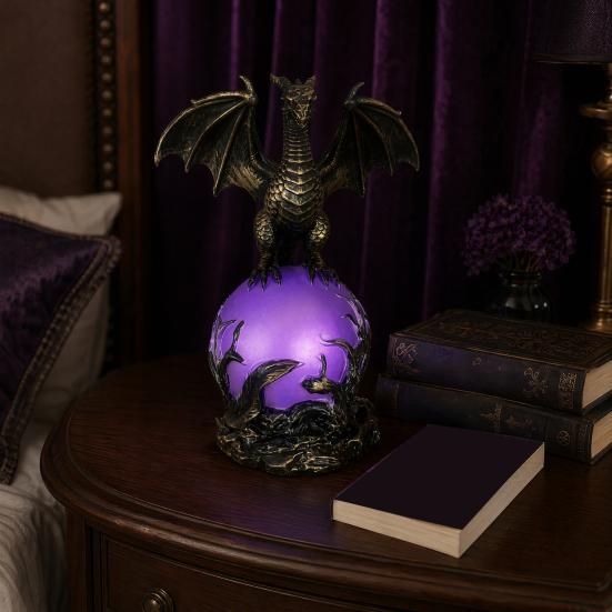 Dragon Statue with Ball, Dark Style Dragon Figurine, USB Powered Desktop Dragon Lamp Ornaments, Fantasy Gift for Men & Dragon Lovers