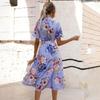 Hohe Taille A-Linie Sommerkleid Damen Schnürung Ethnisch Bedruckt Kurzarm
