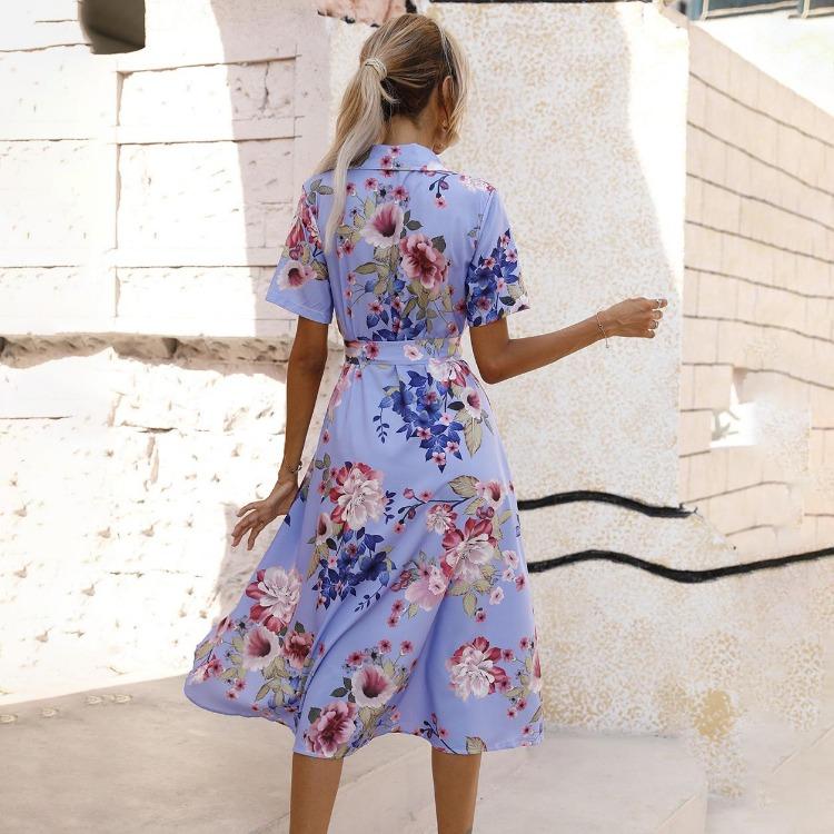 Hohe Taille A-Linie Sommerkleid Damen Schnürung Ethnisch Bedruckt Kurzarm