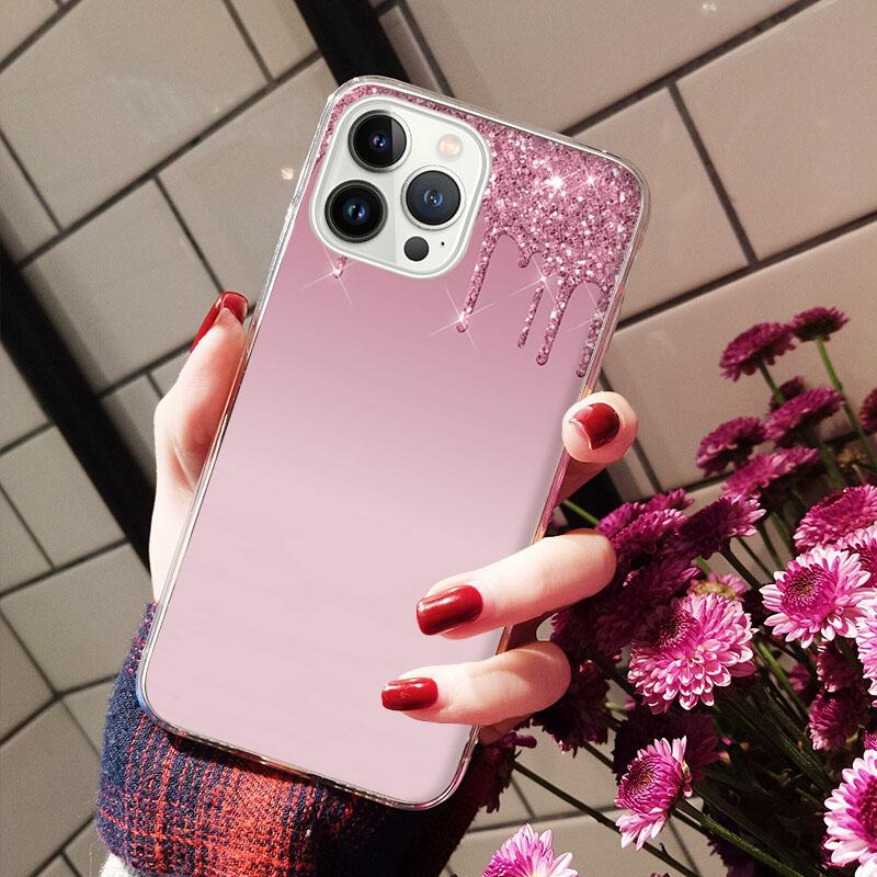 Handyhüllen für iPhone 14 12 11 13 Pro Max Hülle Silikon Funda für iPhone 13Mini X XS Max XR 8 7 14 Plus Tropfender Glitzer Pink