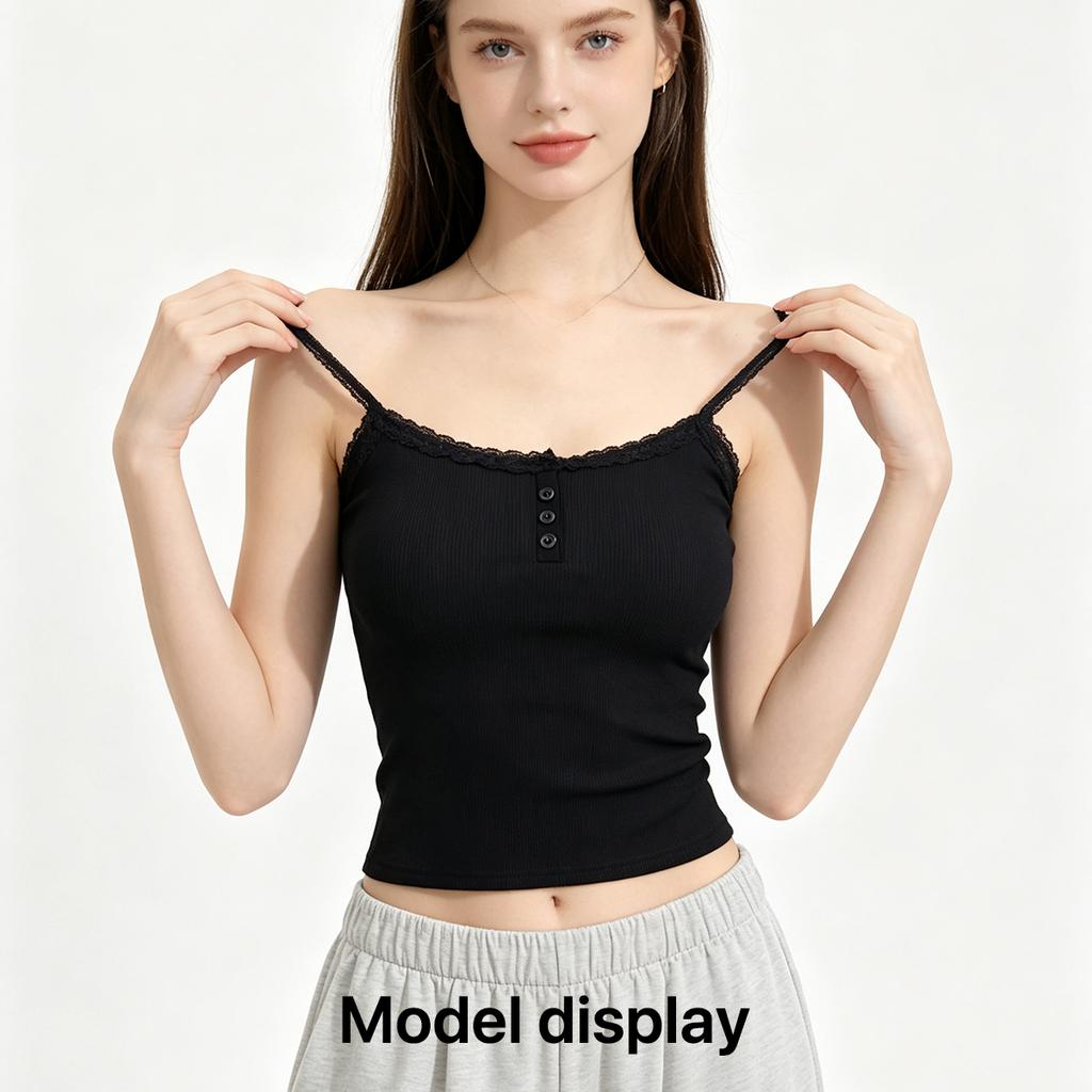 Women's Ribbed Lace Camisole with with Built-in Bra Pads and Buttons,Slim Fit Tank for Women