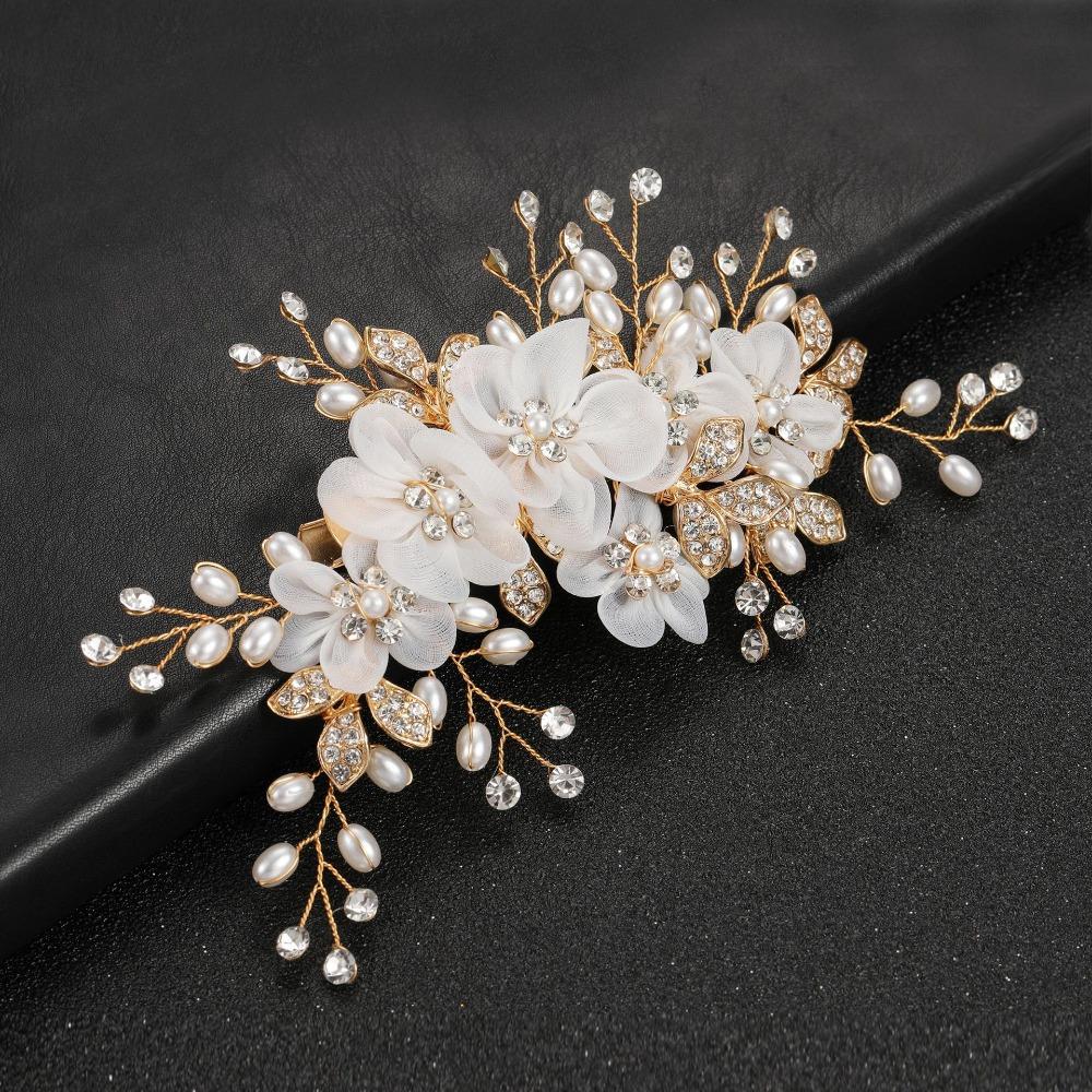 White Silk Flower Women Hair Pins Pearl Crystal Bride Tiara  Hair Accessories Jewelry