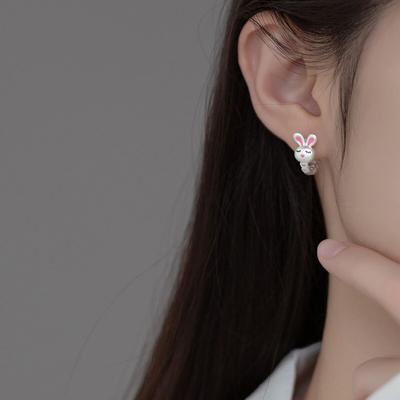 Pink Rabbit Ear Buckle Super Sweet Girl Cartoon Smile Little White Rabbit Earrings Earrings Personalized Love Stud Earrings Anti-Lost