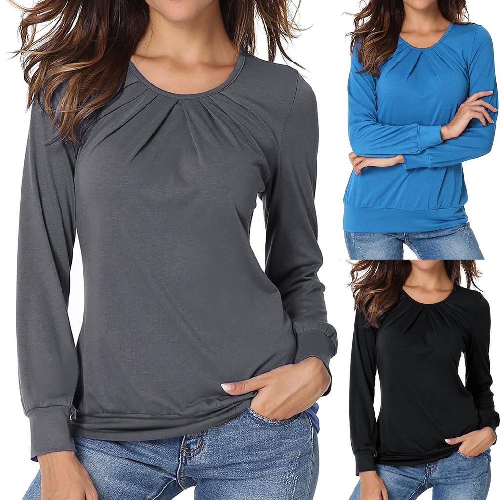Women's  Long-Sleeved  Pleated Casual Stretch Tunic Top Shirts Spring