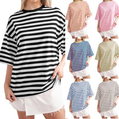 Women's Large Striped Color Blocking Short Sleeved Round Neck Sports Shirt Casual Loose Pullover Top