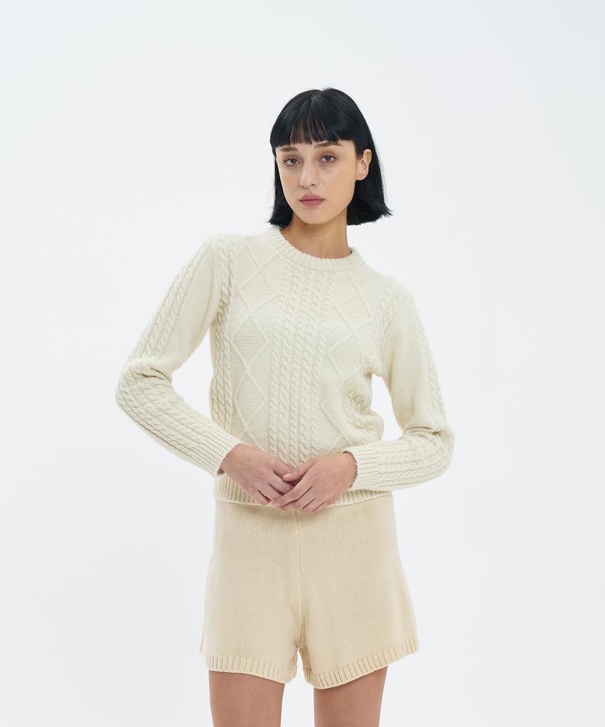 BLOND9 Fisherman Cable Wool Knit Sweater_Cream