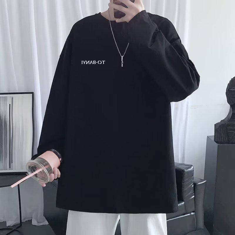 

Мужская осенняя футболка с длинным рукавом в гонконгском стиле - Свободный крой, Круглый вырез, Модный повседневный базовый слой для пар 2XL чёрный