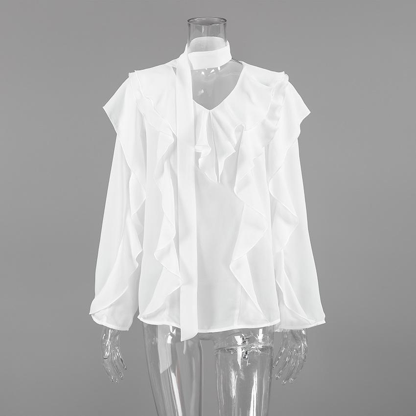 Talenza Casual Ribbon Shirt Summer Ruffle Long Sleeve Loose Office Lady Shirt Top Solid See Through V-Neck Pullover Women Blouse