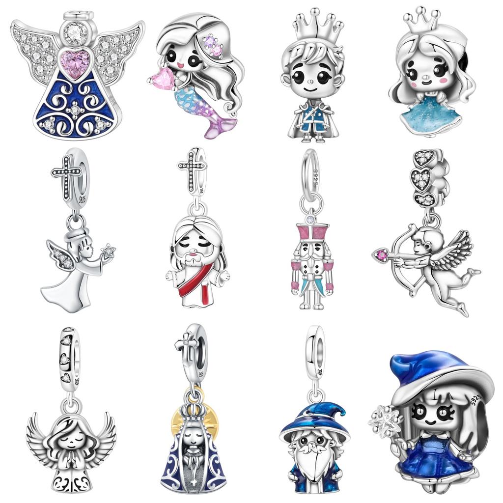 Orstarry S925 Silver Beads Pendant Characters Angel Cross Charm Religious Symbol For Bracelet DIY Jewelry Making Gifts