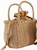 Adgadg Women's Straw-Woven Drawstring Basket Bag with Yukata Drawstring, Natural Color, Lightweight (Brown)