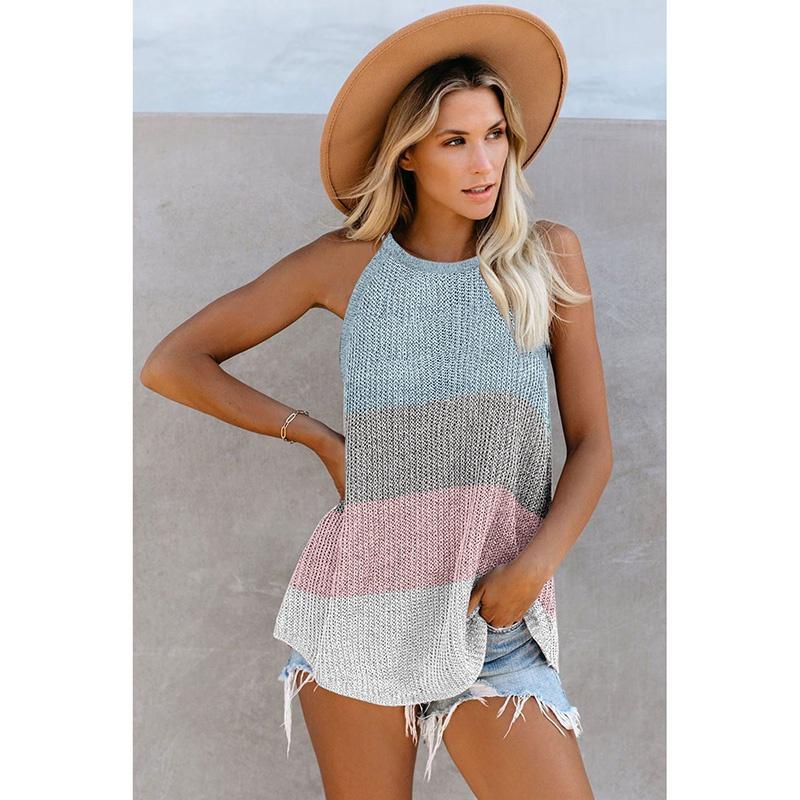 Women Fashion Knit Tank Tops Summer Halter Sleeveless O Neck Femme Vest Top Casual Loose Stripe Color Collision Beach Tank Plus Size(S-3XL)
