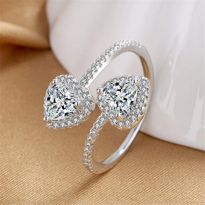 Süße Damen Weiße Zirkonstein Silberfarbe Herz Eheringe Versprechen Offen Verstellbar Verlobung Für Frauen