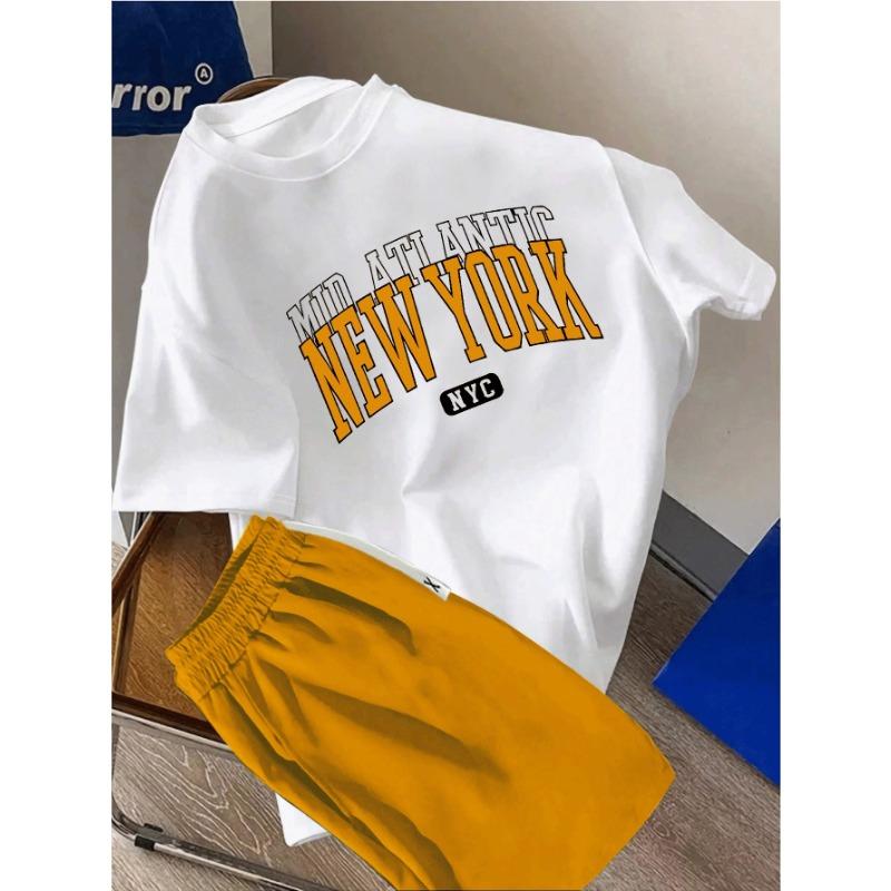Men s fashionable casual suit, round neck short-sleeved T-shirt and belted shorts suit, suitable for spring and summer, men s printed clothing S