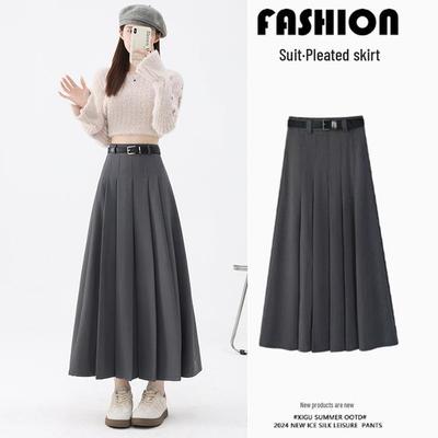 Women's Autumn/Winter High Waist Slimming Pleated Skirt with Belt - Elegant Mid-Length Swing Skirt