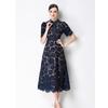 High Quaity Solid Lace Hollow Out Summer Dress for Women Elegant Stand Collar Short Sleeve Slim Midi Dresses