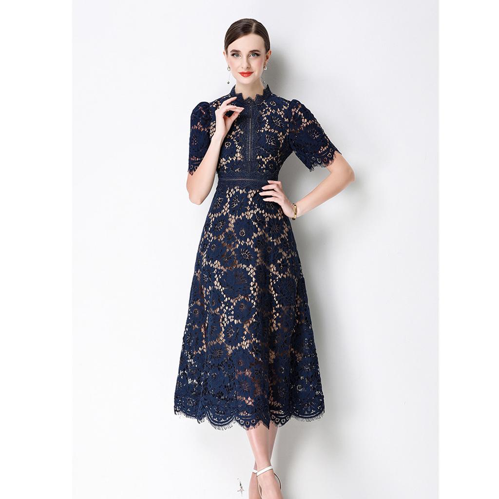 High Quaity Solid Lace Hollow Out Summer Dress for Women Elegant Stand Collar Short Sleeve Slim Midi Dresses