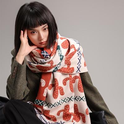Imitation Cashmere Scarf Women'S Nordic Style Decoration Warm Dual-Purpose Double-Sided Shawl Creative Printing Fringed Scarf