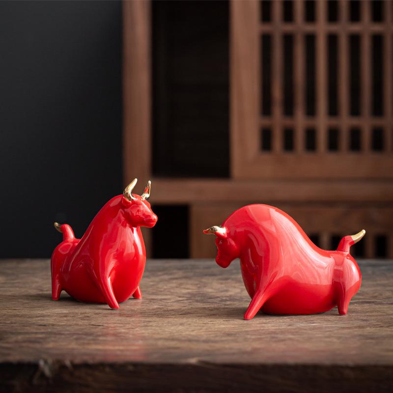Red Ceramic Ox Figurine: Spirit-Soaring Handicraft for Home or Office Decor