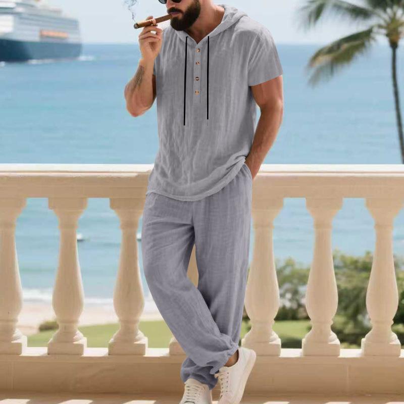 Men'S Casual Linen Hooded Shirt and Pants Set | Short Sleeve, Drawstring Waist, Non-Stretch, Solid White, Vacation Homewear with Woven Texture
