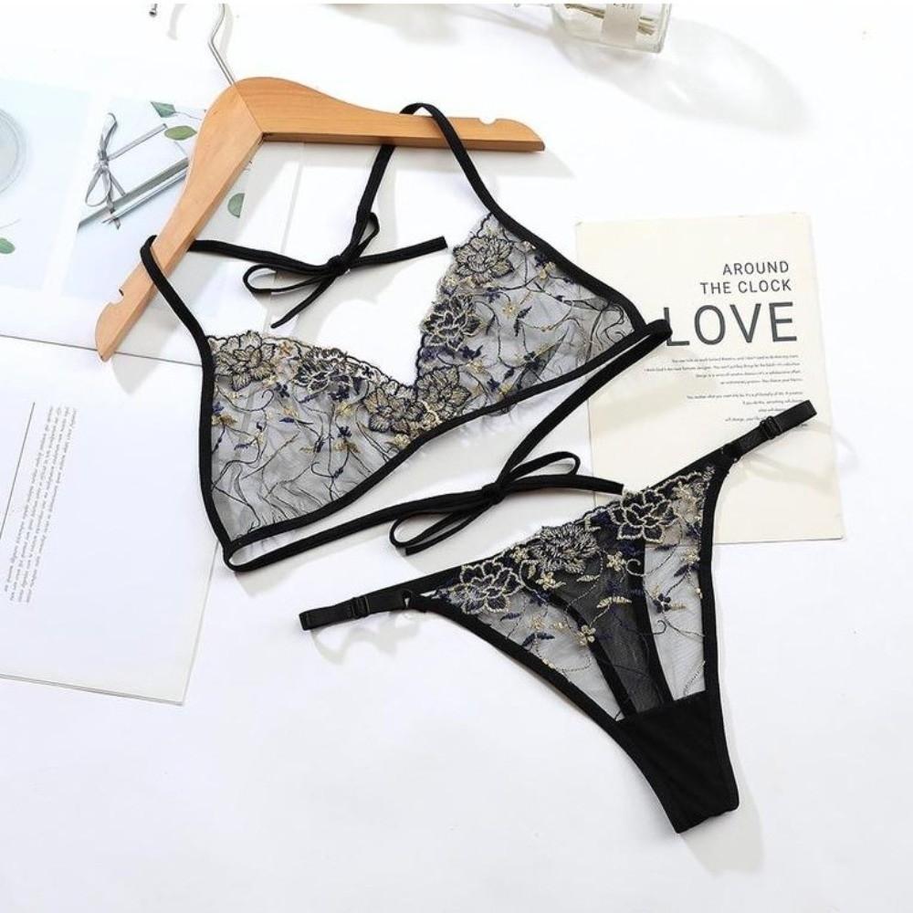 Thin Belt Thong Sheer Flower Thong Bra Set Embroidery Underwear for Women Romantic Night
