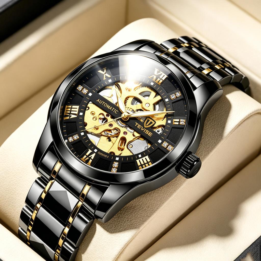 Custom Brand Hollow Dial Automatic Mechanical Watch for Men Stainless Steel Band Crystal Waterproof Wrist Watch Reloj De Lujo