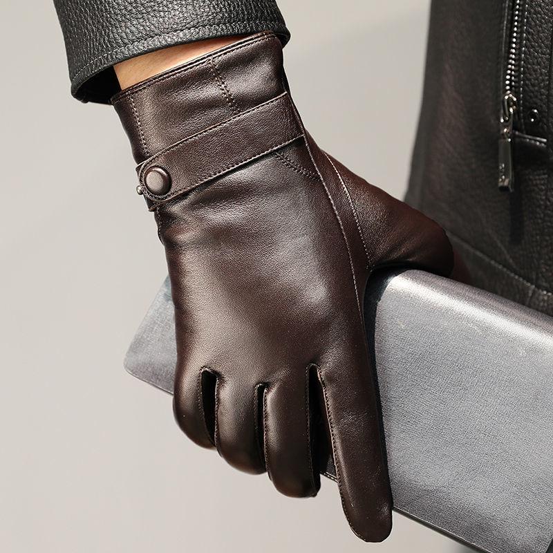 100% Genuine Leather Gloves Men Thick Warm Driving Cycling Touch Screen Guantes Invierno Top Layer Sheepskin Full Finger Gloves