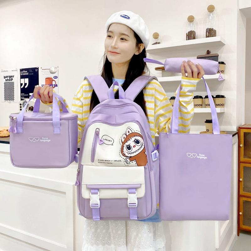 New Style of Students for Girls Backpack Large Capacity Student Schoolbag Four Piece Set Tutoring Bag