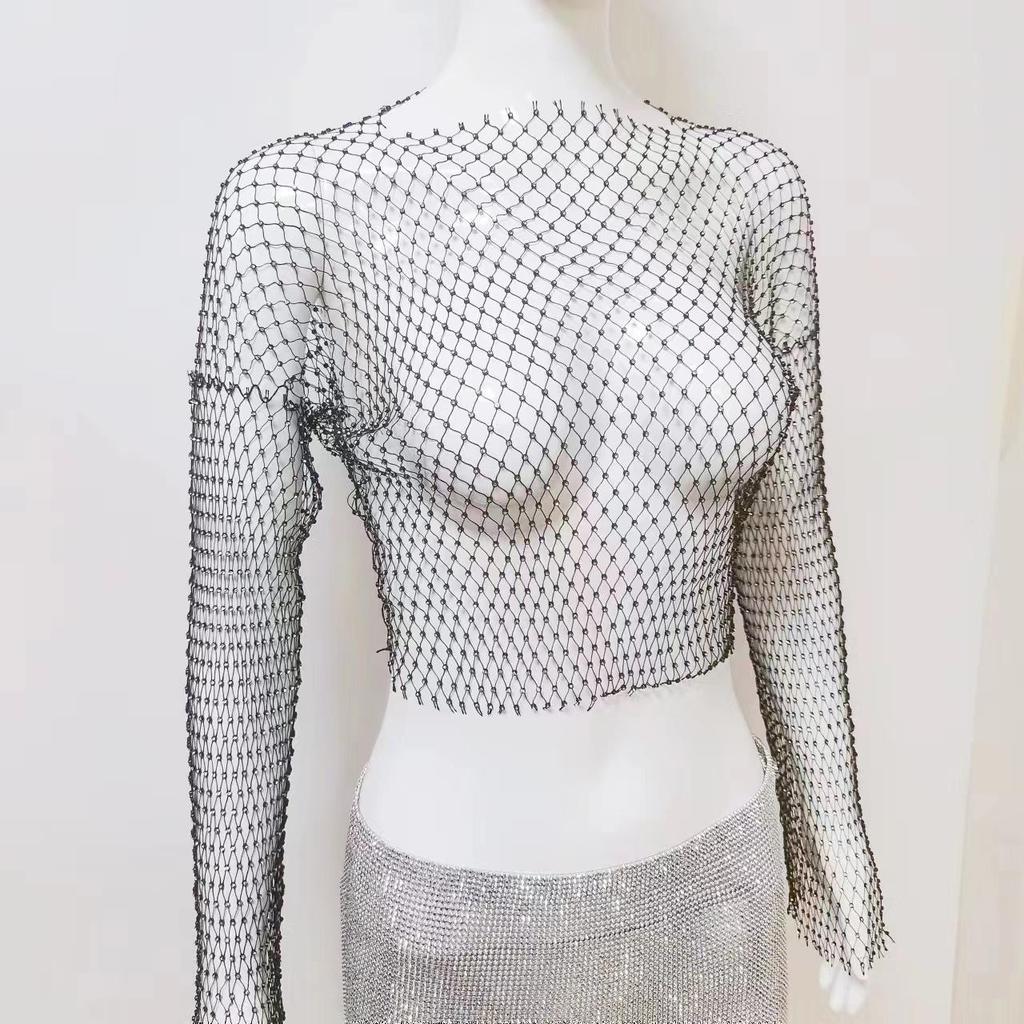 European and American Rhinestone Mesh Long-Sleeve Fishnet T-shirt - Sexy Hot Girl Top