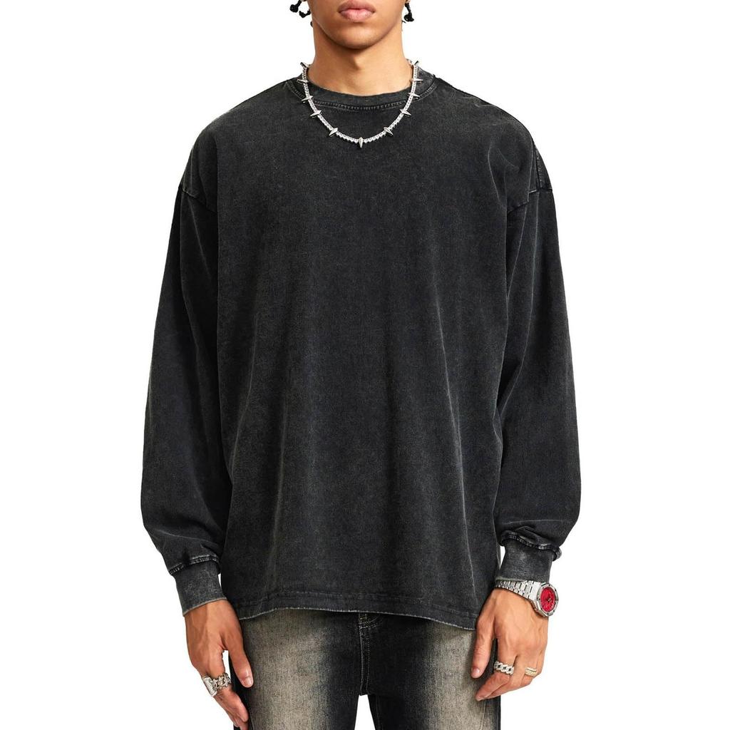 Men's And Women's Casual High-weight Washed Distressed Long-sleeved Men's Off-the-shoulder Retro Loose Round-neck All-cotton Top