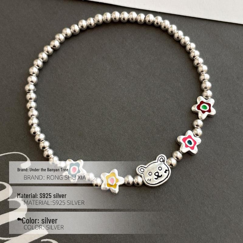 Banyan Tree S925 Silver Colorful Flower Bear Beaded Bracelet for Women - Summer Girlish Jewelry