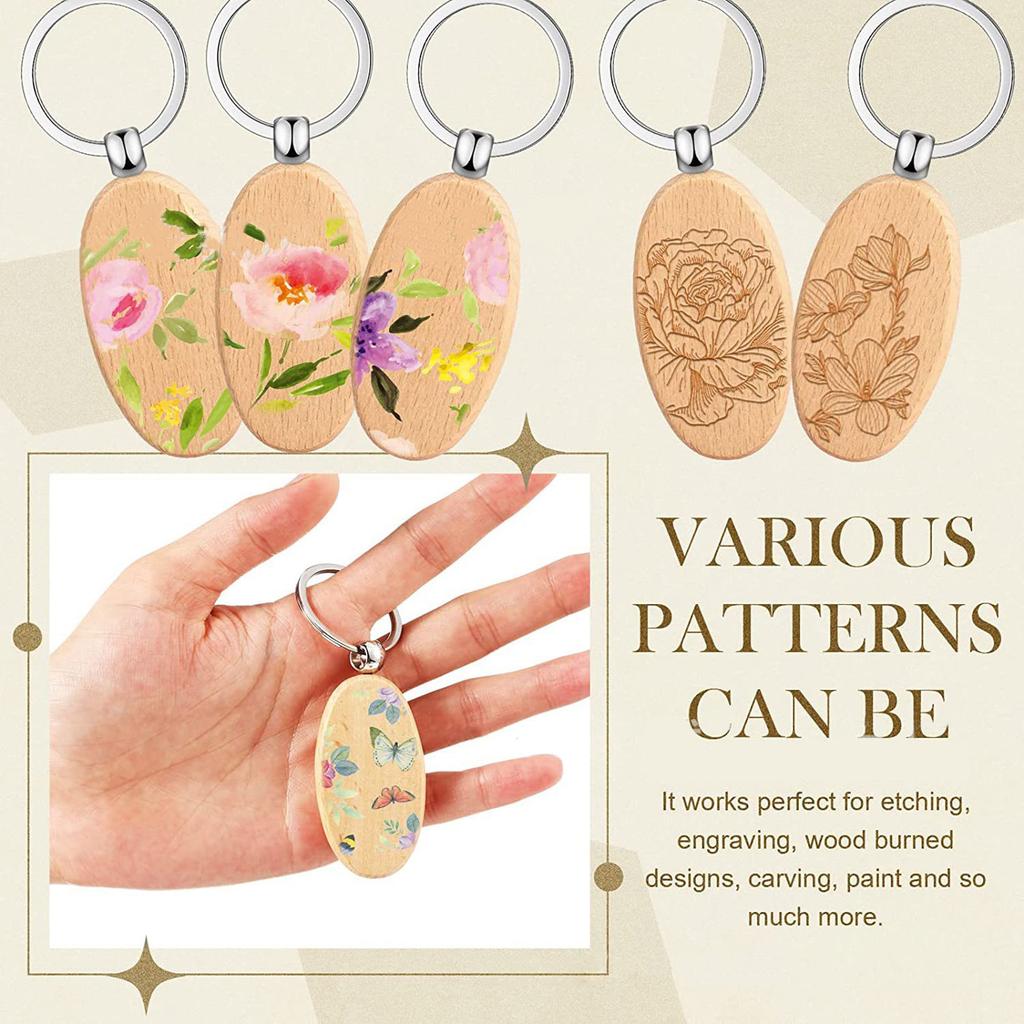 50Pcs Blank Wooden Keychain Set, Unfinished Wood Pieces with Key Rings Wood Key Ring Key Tags DIY Supplies for Craft