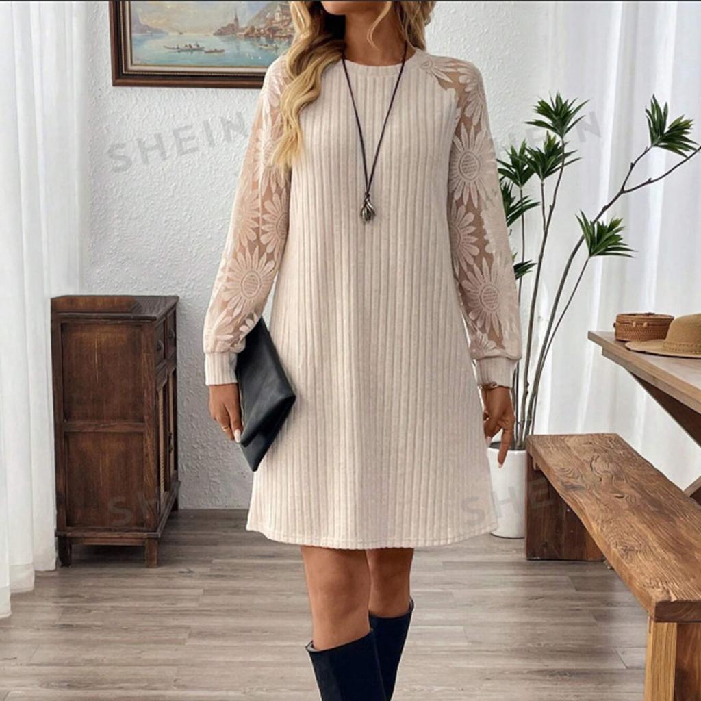 Moda Feminina Casual Gola Redonda Tricotada com Cadarço Pulôver Vestido de Manga Comprida