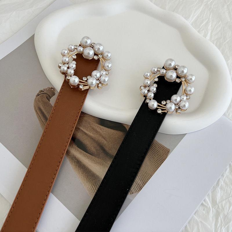 Trendy Pearl Buckle Womens Belt Elegant Casual Soft Pu Leather For Outfit Every