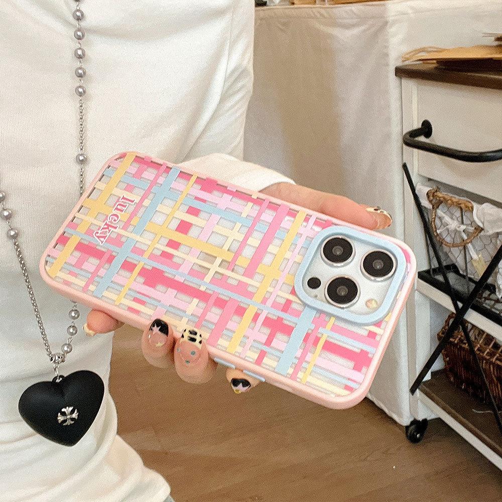 New Creative Checked Contrasting Acrylic Phone Case Suitable for Apple 16promax Pink Apple 15 Protective Case