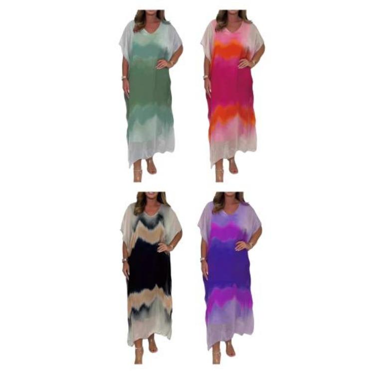 Gradient Printed Womens Chiffon Maxi Dress V Neck Short Sleeve Beach Sundress Casual Loose Long Dress for Summer Holiday