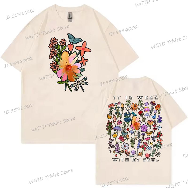 Inspirational Quotes Shirt Design Floral It Is Well with My Soul Graphic T Shirts Women Christian Floral Tops Wild Flowers Shirt