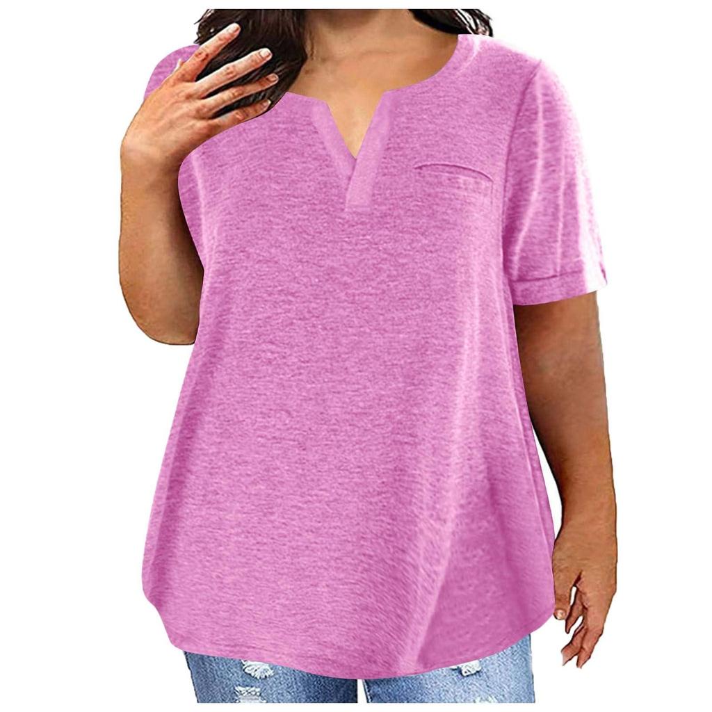 Women Casual Solid Color V Neck Short Sleeve Pocket Top Large Size T Shirt