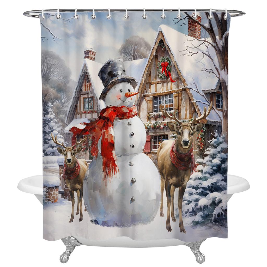 Tenda Doccia Natalizia Con Pupazzo Di Neve - Foresta Innevata - Impermeabile Con Ganci Inclusi - Decorazione Bagno Invernale