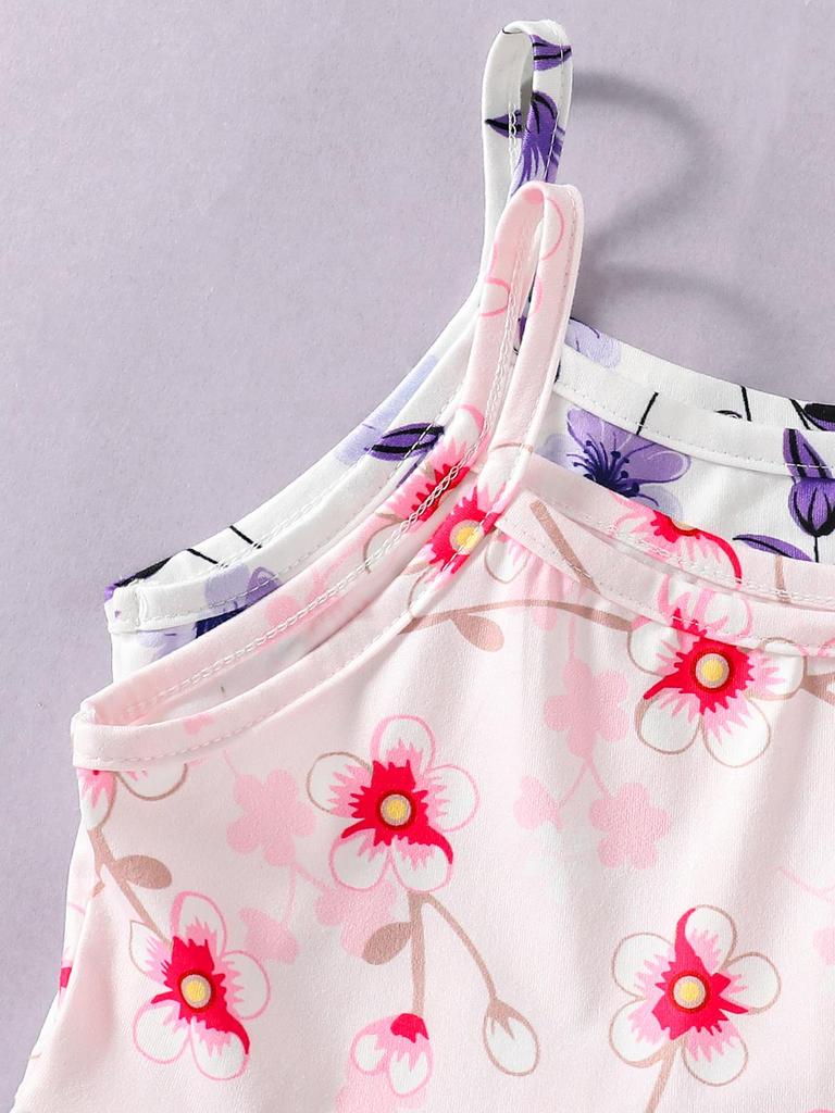 2-Piece Set: Girls' Casual/Preppy/Vacation Style Camisole Dress with All-Over Botanical Floral Print (Spring/Summer)