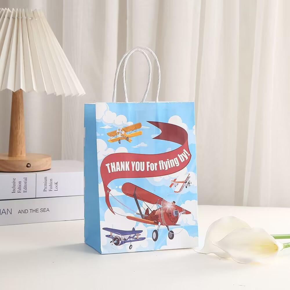 12/30pcs Airplane Party Favor Gift Bags Kraft Paper Tote Bags for Kids Birthday Gift Packaging Shopping Bags
