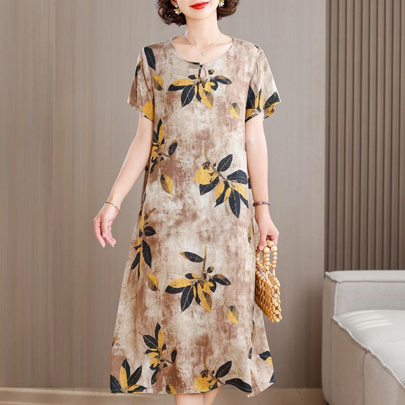 Elegant Long Dresses for Women Plus Size Loose Short Sleeve Vintage Dress Summer Middle-aged Women's Clothing
