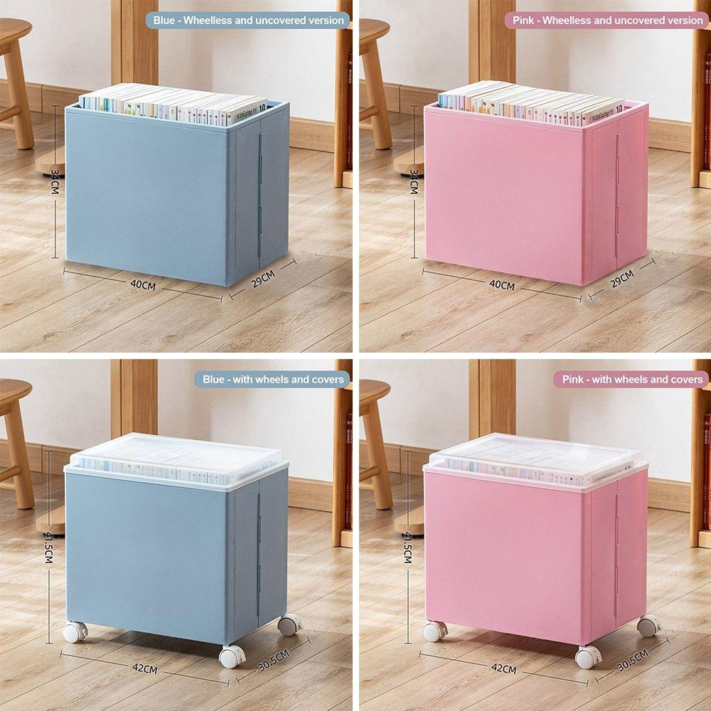 Plastic Book Organizer Foldable with Wheels Stationery Storage Box with Lid Large Capacity Movable Bookshelf Data Storage