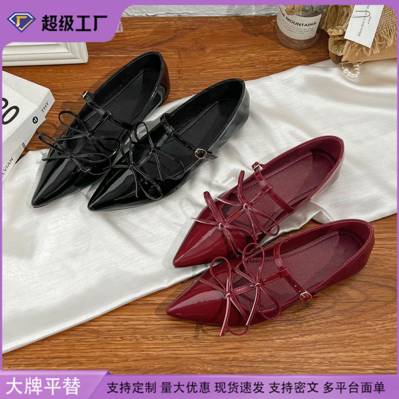 Yuanlitong pointed bow shallow mouth flat bottom Mary Jane single shoes women's banquet shoes women's outer wear temperament shoes women