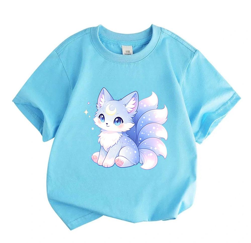 Kids Boys Girls 100% Cotton Crew Neck Short Sleeve T-Shirt, Cute Glowing Crescent Moon Star Fox Print Soft Casual Tee for Children Daily Wear