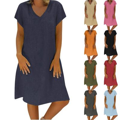 Γυναικεία βαμβακερά και λινά φορέματα καλοκαιρινά κοντομάνικα Άνετο ταξιδιωτικό φόρεμα παραλίας Φορέστε μοντέρνα ανοιξιάτικα ρούχα διακοπών