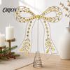 Decorative Metal Bow for Trees Iron Christmas Tree Topper, Gold Rhinestone Hollow-Cut Modern Ornament with Spiral Base, Elegant Holiday Decoration