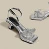Rhinestone Bow with Sweet Middle Heel Sandals Summer Skirt Beautiful Square Head Large Size Sandals Women