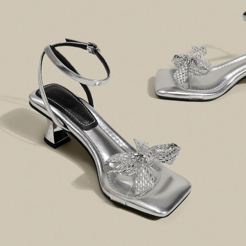 Rhinestone bow with sweet middle heel sandals summer skirt beautiful square head large size sandals women