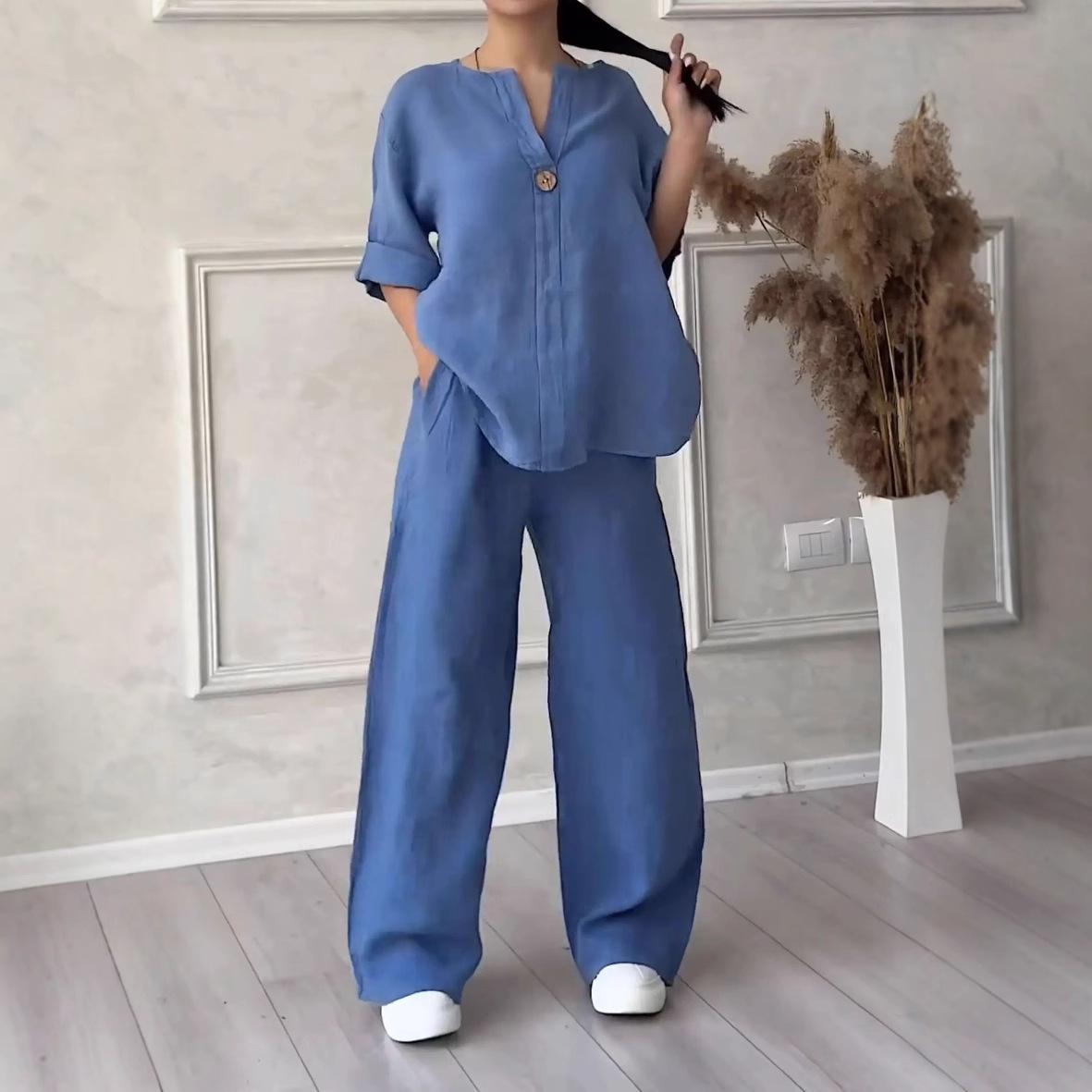 

Жіночий повсякденний однотонний костюм з бавовни та льону 2024 M хакі