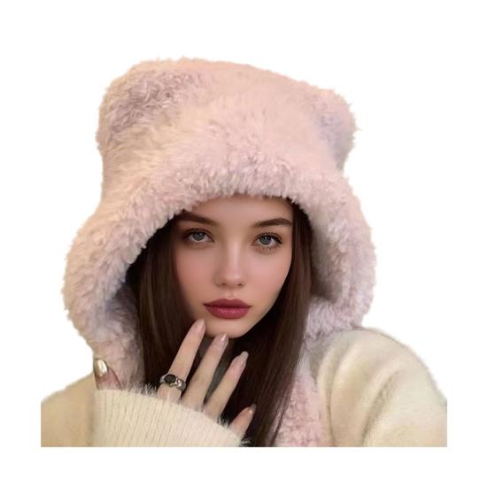 Women Hat Bear Shape Solid Color Winter Knitted Hat with Lace-up Cold Weather Thick Warm Plush Headwear